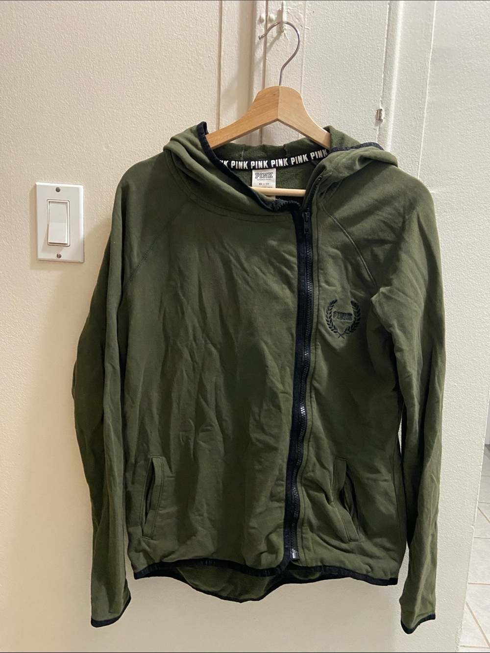 PINK Victoria's Secret Olive Green Hooded Zip-Up Jacket with Black Trim